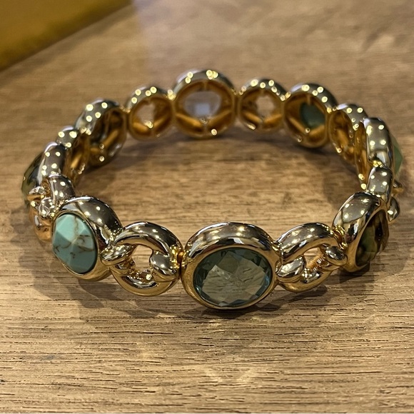 Gold Chain Necklace and Bracelet Set with Blue and Green Gems - Picture 5 of 10